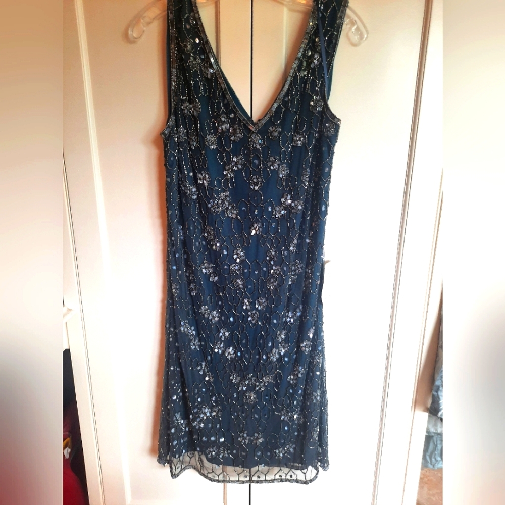 NWT! Pisarro Nights beaded, sequins cocktail dress, blue 16W